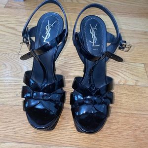 Ysl yves saint laurent black patent leather tribute platform sandal heels